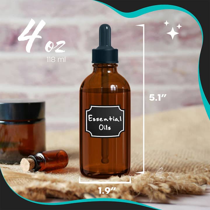 Nevlers - Wholesale Travel container - Nevlers 4 oz Amber Glass Dropper Bottle (Set of 48) | Includes Labels, Shrink Wrap, Funnel, Brush and Marker2