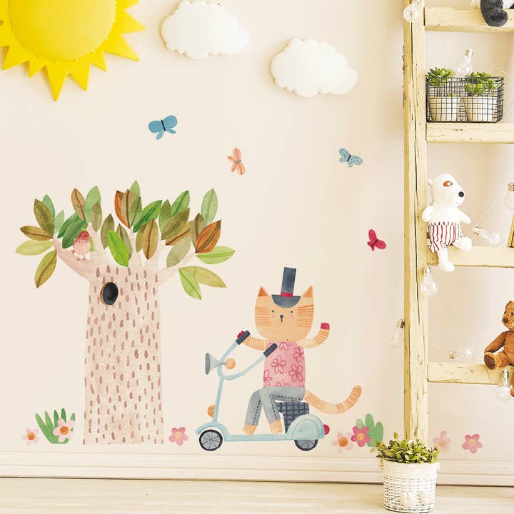 Magical Wonderland - Stickers muraux Chat sur trottinette pour la vente par Mica-Mica