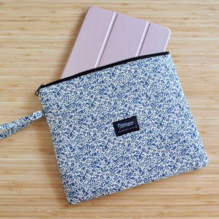 Blue floral iPad or tablet case with zipper for wholesale by Petitama