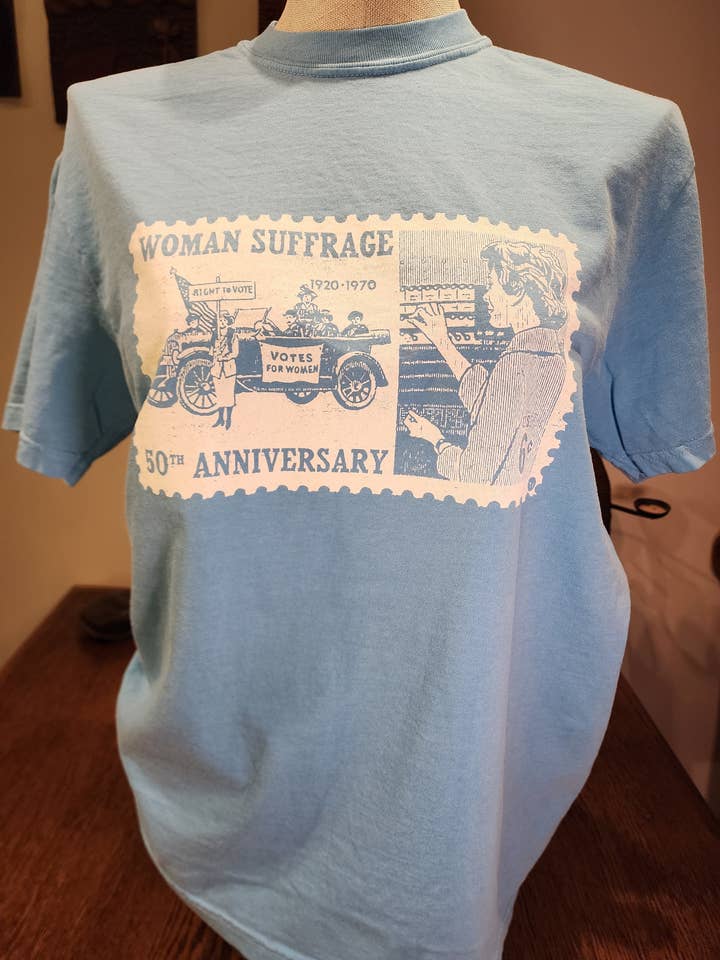Womens' Suffrage Vintage Postage Stamp hand-printed tee, Comfort Colors Denim SM-3X for wholesale by Seed House Prints