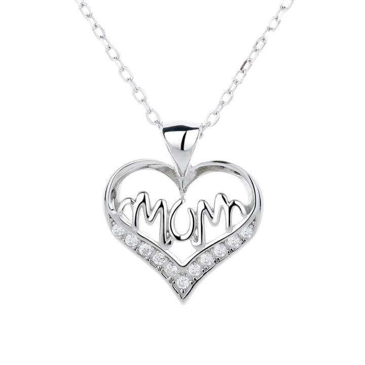 14K Gold or Sterling Silver MOM Heart Pendant Necklace with crystals from Swarovski for wholesale by Amy and Annette