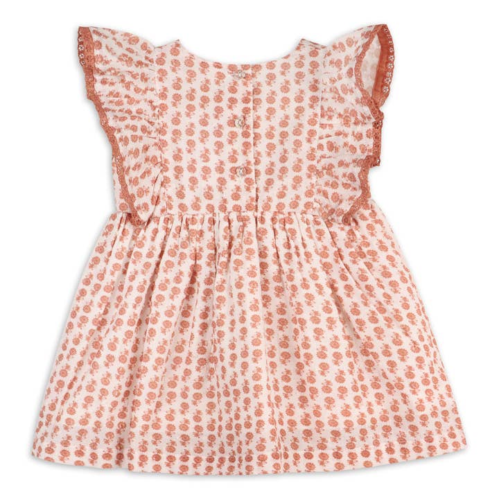 Terracotta floreale Abito da bambino floreale in cotone Heather Dobby + Bloomer (biologico) in vendita all'ingrosso su Faire2