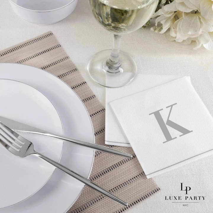 Luxe Party - Wholesale Disposable Napkin - K Silver Monogram Cocktail Paper Napkins | 16 Napkins