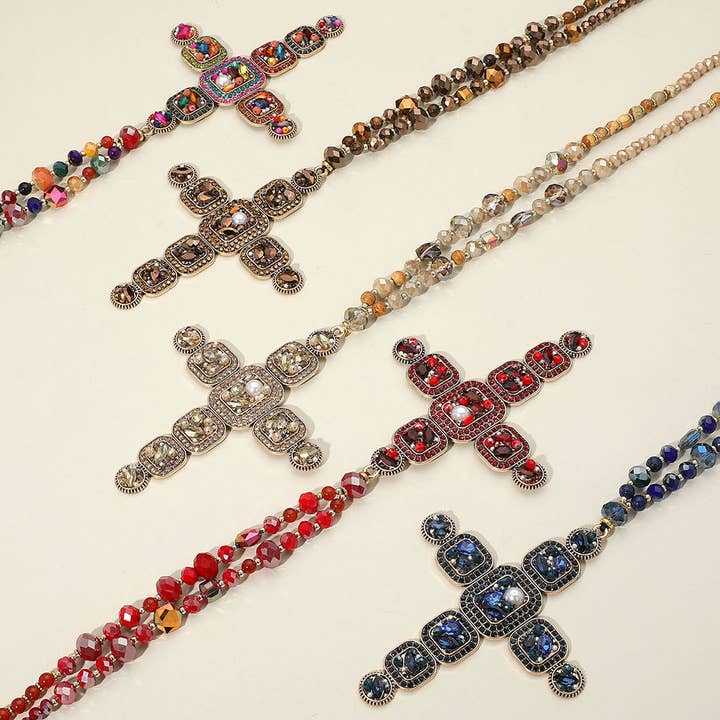 Stone Pearl Embellished Cluster Cross Pendant Faceted Beaded Long Necklace for wholesale by Sensibling Corp.