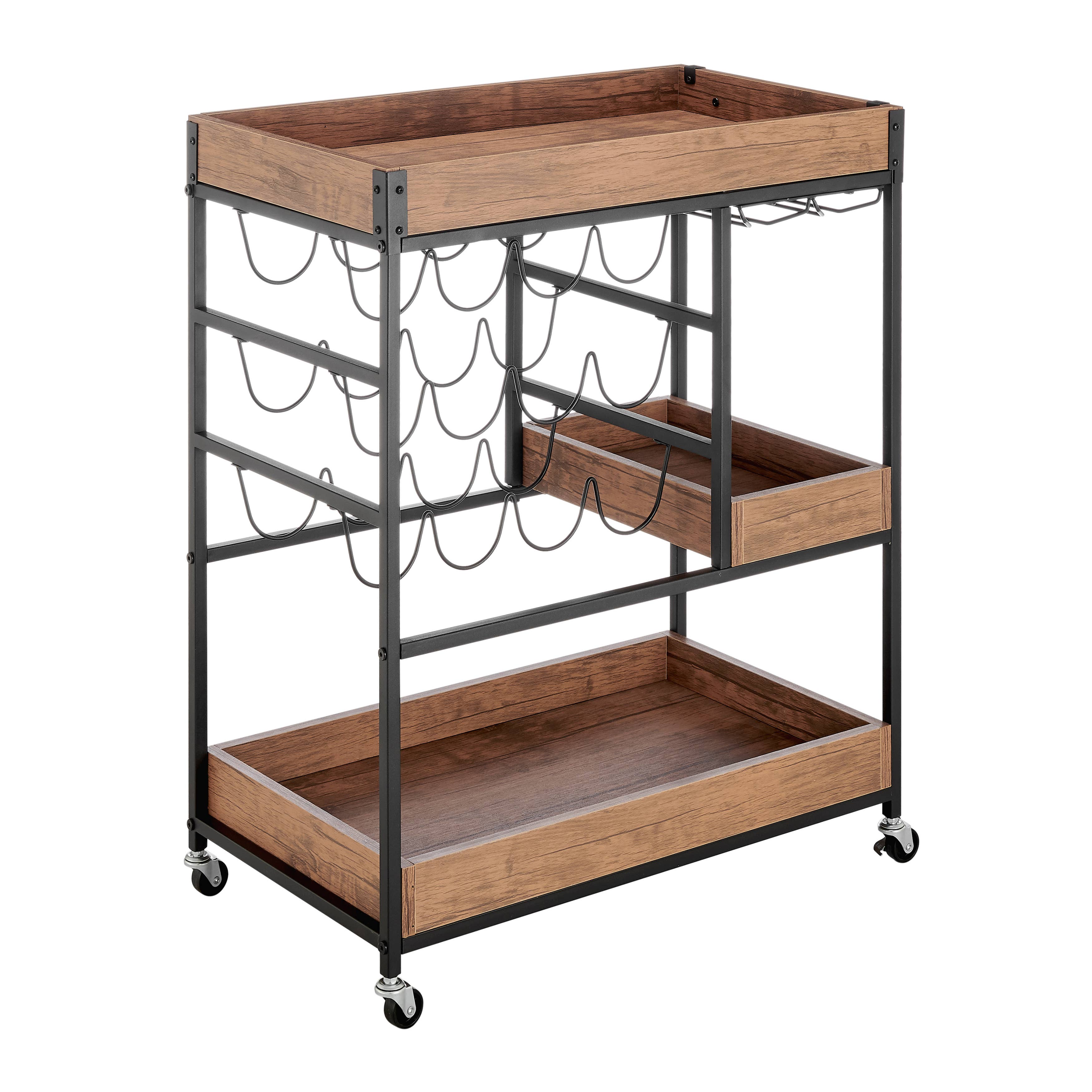 Danya B - Wholesale Bar Cart - Walnut Veneer Metal Rolling Wine Bar Cart with Storage Rack8