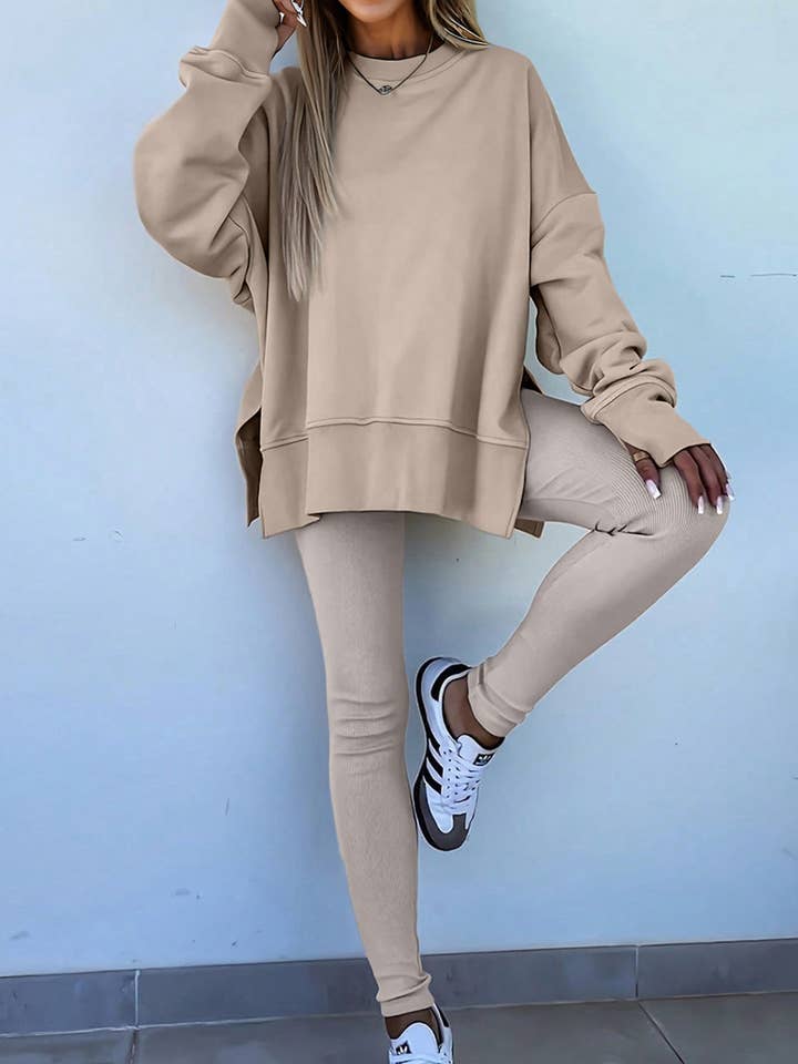 Solid oversize slidsweatshirt med ribbede leggings sæt for engroshandel hos Suhkasana