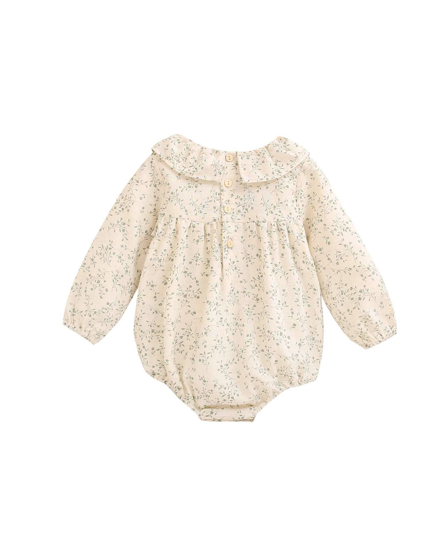 Natural Baby girl's cream-colored romper with green floral print for wholesale on Faire1