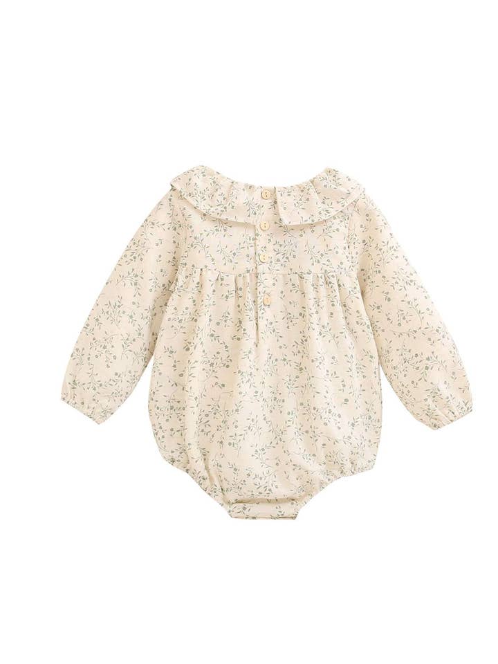Natural Baby girl's cream-colored romper with green floral print for wholesale on Faire1