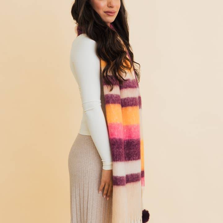 Leto Accessories - Wholesale Scarf - Women's - Contrast Color Stripes Chunky Pom Tassel Scarf1