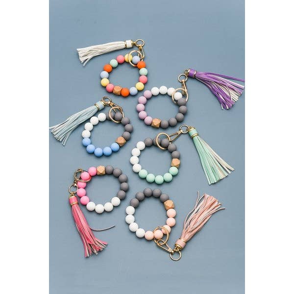 JOSSLYN by wall to wall - Wholesale Keychain Bracelet - SOFTEST RUBBERY BEAD TASSEL BRACELET KEY HOLDER | 40KC103
