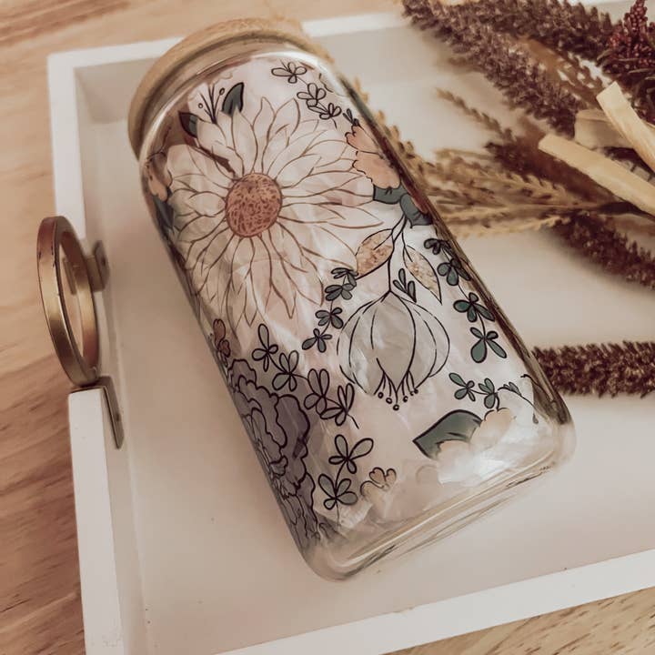 Emma K Designs - Wholesale Drinking Glass/Cup - Fall Floral 16 oz Glass Cup with Bamboo Lid1