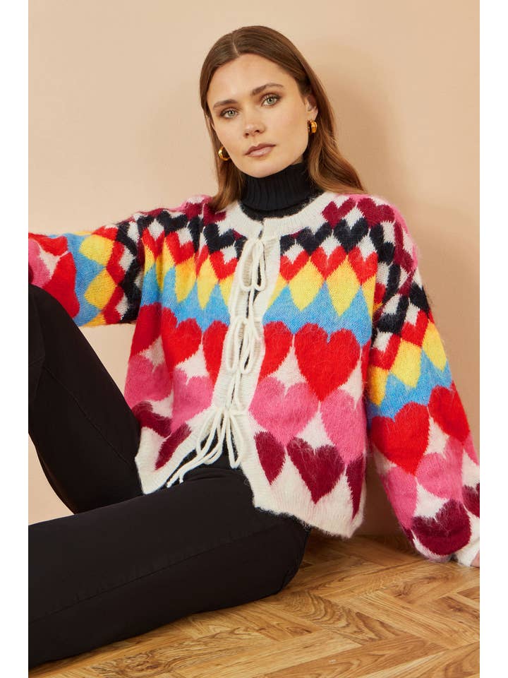 Multi Yumi Multicolour Tie Front Heart Intarsia Cardigan for wholesale on Faire5