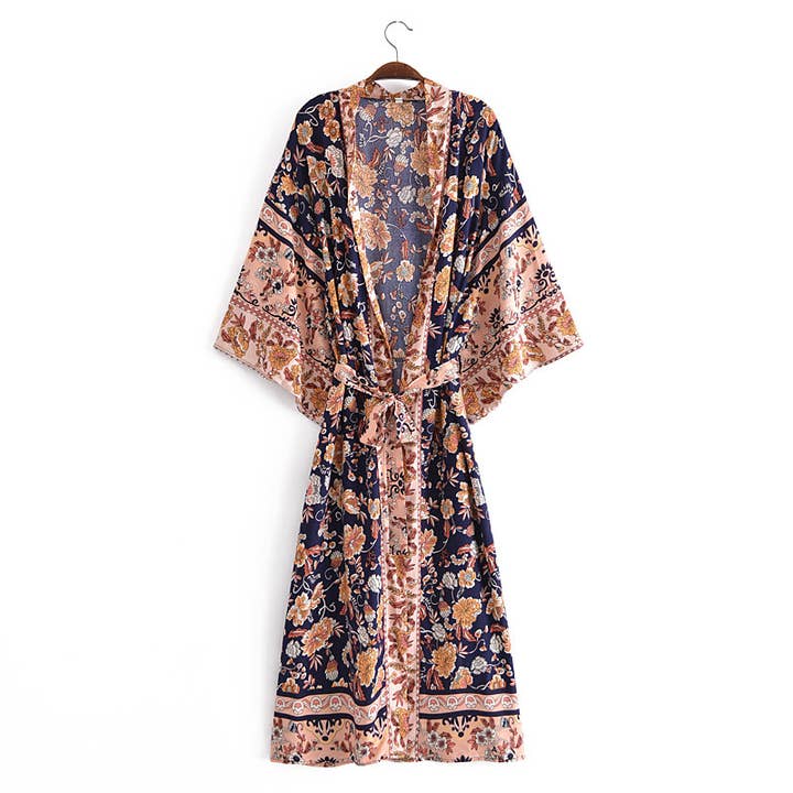 Rosa Clothing - Wholesale Kimono - Women's - Boho Floral Print Belted Kimono Robe7
