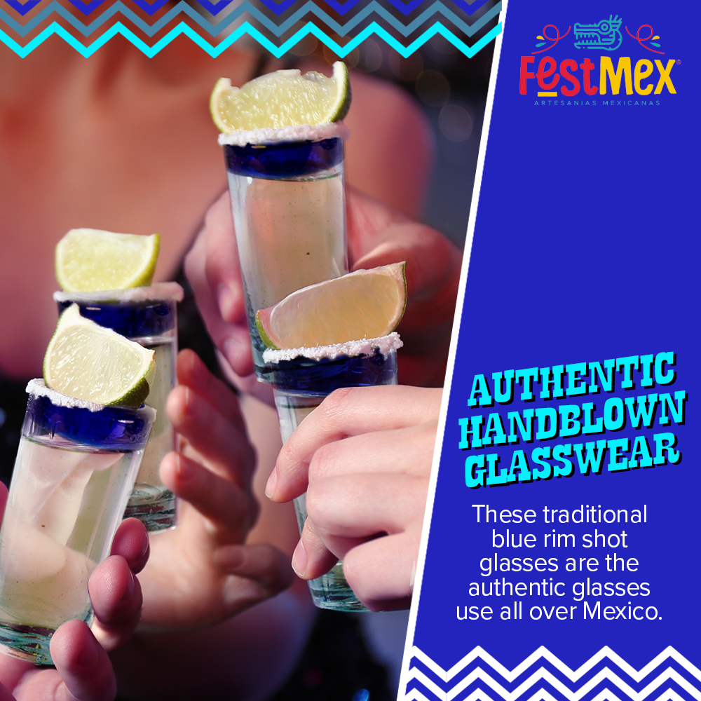 FESTMEX - Wholesale Shot Glass - Hand Blown Mexican Tequila Shot Glasses – Set of 6 Cobalt Blue Rim 2 oz4