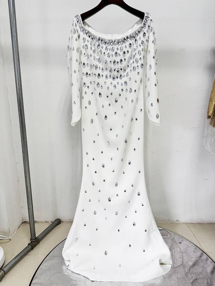 White DR514Y Hand-Beaded Teardrop Diamond  Long Dress for wholesale on Faire2