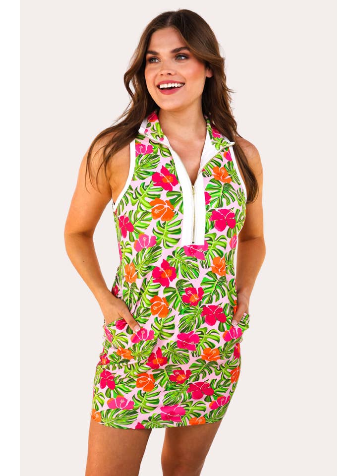 Everyday Zipper Dress, Pink Tropical for wholesale on Faire