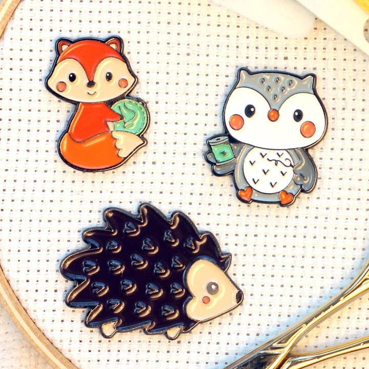 Woodland Creatures Needle Minders : Hedgehog, Owl, Fox for wholesale by Snarky Crafter Designs