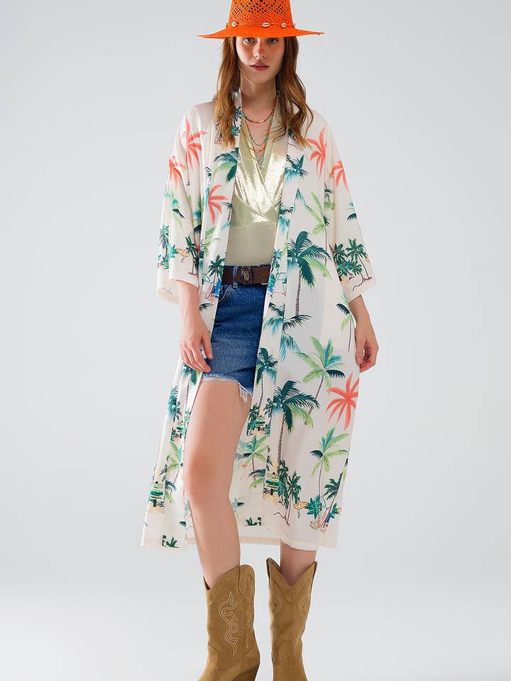 Beige Cream Open Kimono with Beach Print in Midi Length for wholesale on Faire2