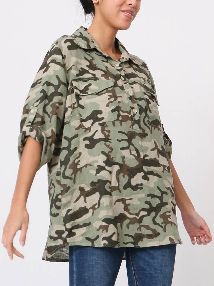 LÉA & LUC - Wholesale Tunic - Women's - 100% linen camouflage print blouse REF.1446