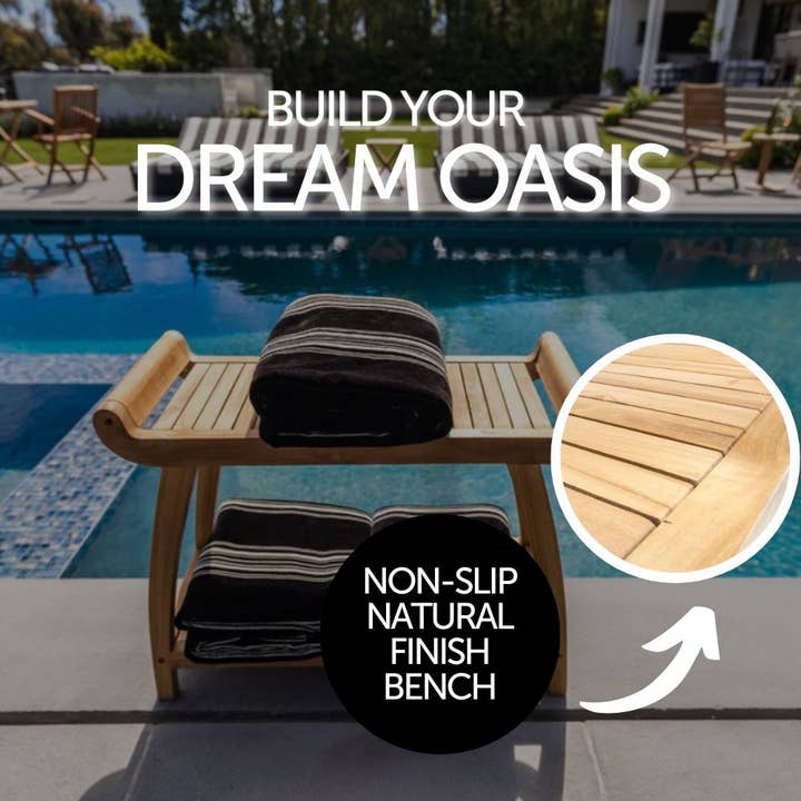 Nordic Teak - Wholesale Bankje - Noorse natuurlijke teakhouten spabank voor douche en bad, gebogen spabank met plank - 30"4