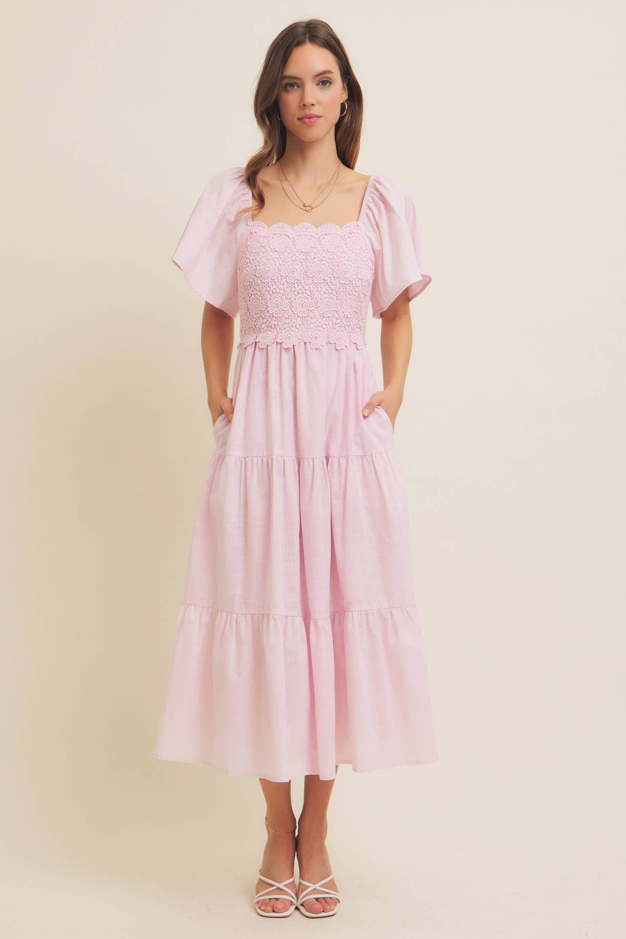 in february - Wholesale Dress - Women's - ESSENCE OF FALL TIERED CROCHET MIDI DRESS WITH FLUTTER SLVS15