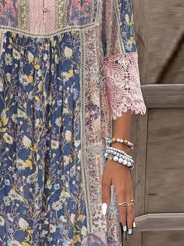 Blush Pink Full Size Lace Detail Printed Three-Quarter Sleeve Dress for wholesale on Faire