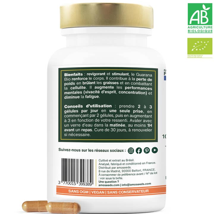 Amoseeds – Suplemento/vitamina oral por atacado – Guaraná Orgânico Nativo, 10% Guaranina | 90 cápsulas1