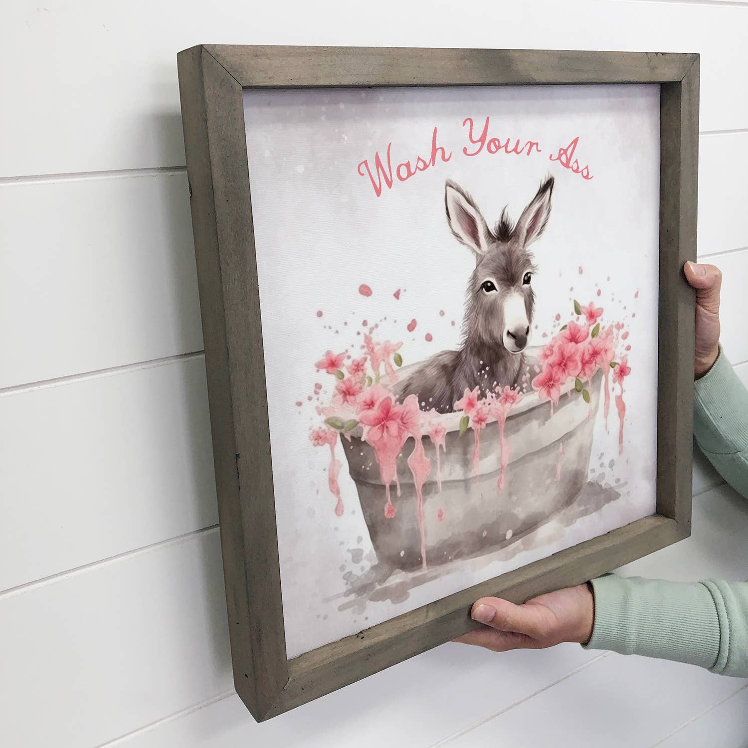 Hangout Home – Sinal de casa de banho por atacado – Arte em Tela com Burro Fofo e Moldura de Madeira - Wash Your Ass2
