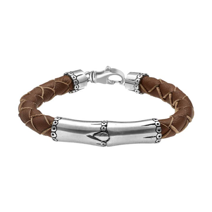 Herrarmband med silverbambu och flätat brunt läder för wholesale av Orus bijoux men