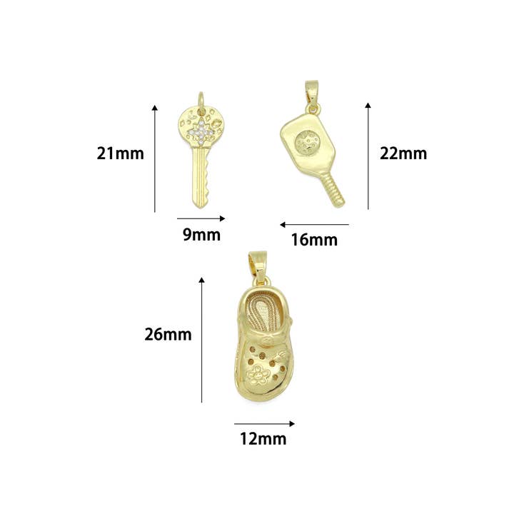 BestBeads&Beyond - Wholesale Individual Charm/Pendant - Clear CZ Gold Key Crocs Shoe pickleball racket Pendant charm , Sku#LX9225