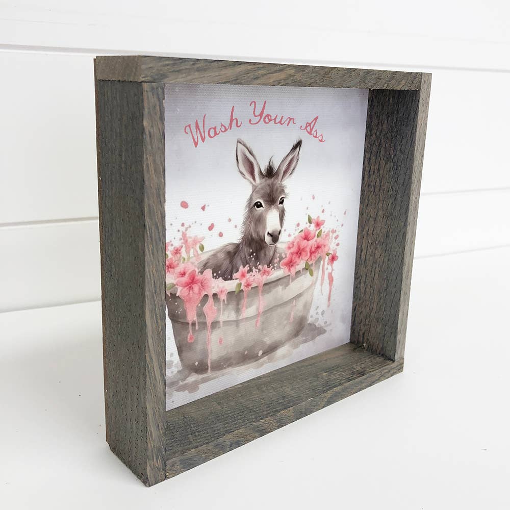 Hangout Home – Sinal de casa de banho por atacado – Arte em Tela com Burro Fofo e Moldura de Madeira - Wash Your Ass1