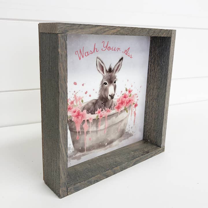 Hangout Home - Wholesale Bathroom sign - Wash Your Ass - Cute Donkey Canvas Art - Wood Framed Decor1