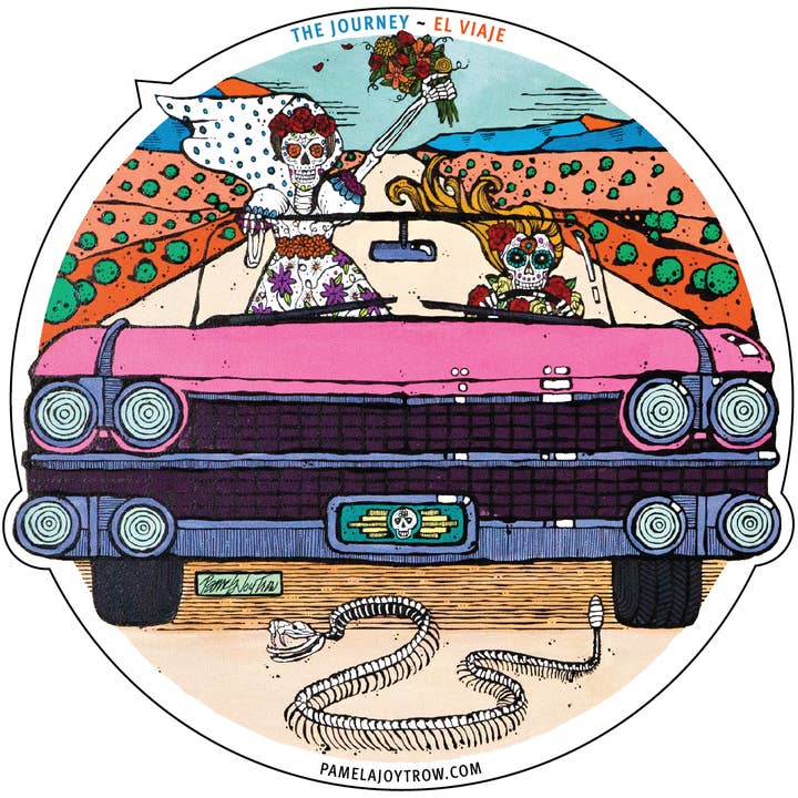De dødes dag Pink Cadillac Journey Vinyl Sticker 4 „Rund for engroshandel hos The Art of Pamela Joy Trow