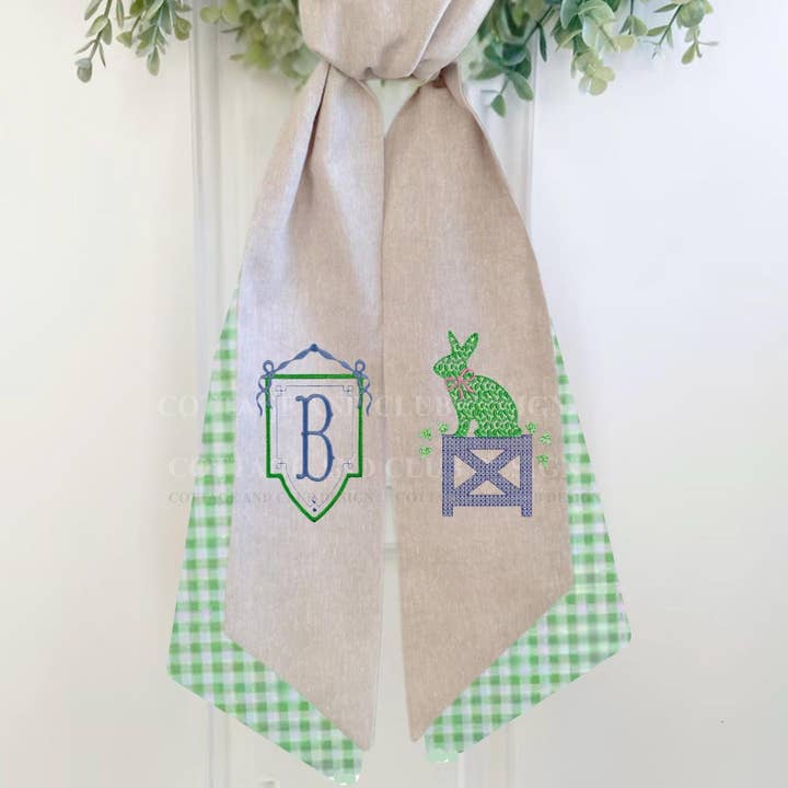 Blue & White Bunny Easter Topiary Monogram Chinoiserie Wreath Sash for wholesale by Cottage & Club