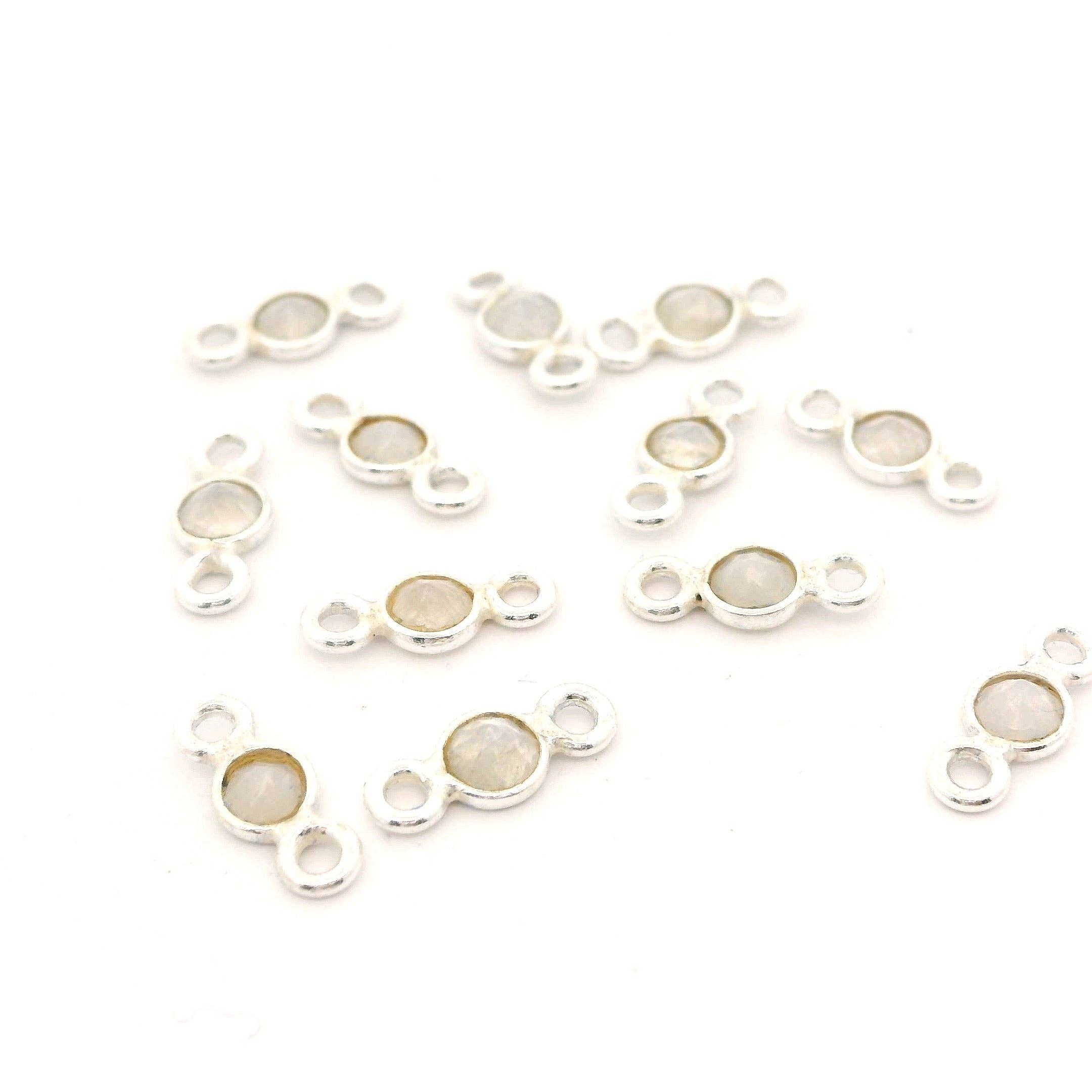 Purity Beads – wholesale Individual charm/pendant – Mini Bezel Gemstone Connectors – Blue Labradorite or Rainbow Moonstone | 4mm Finished Size (3mm Stone) | 2 Loops | Sterling Silver or Gold Plated | Pack of 123