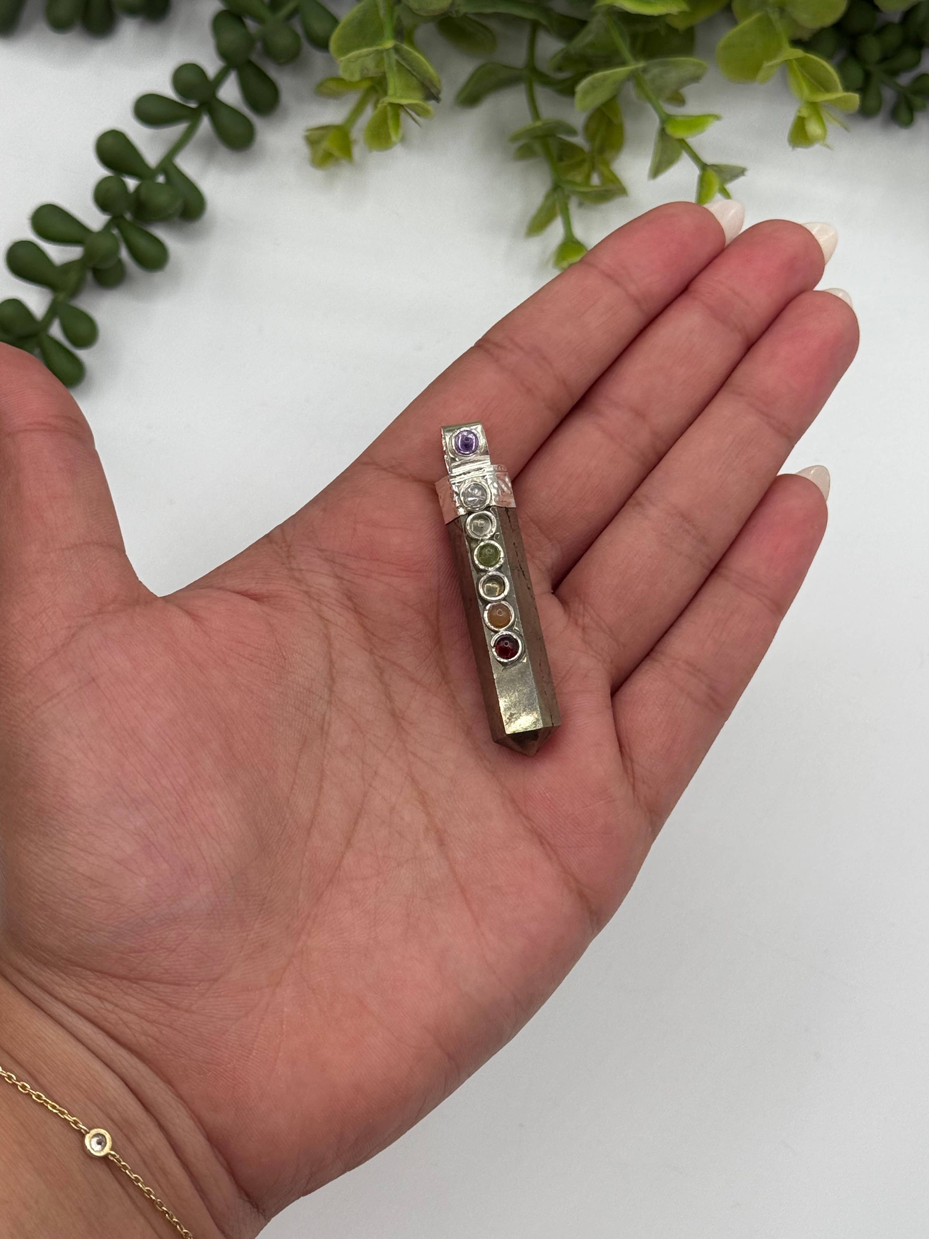 Meraki Gemstones - Wholesale Individual Charm/Pendant - Gemstone Pyrite Pencil Pendant w/Chakra/Silver Metal3