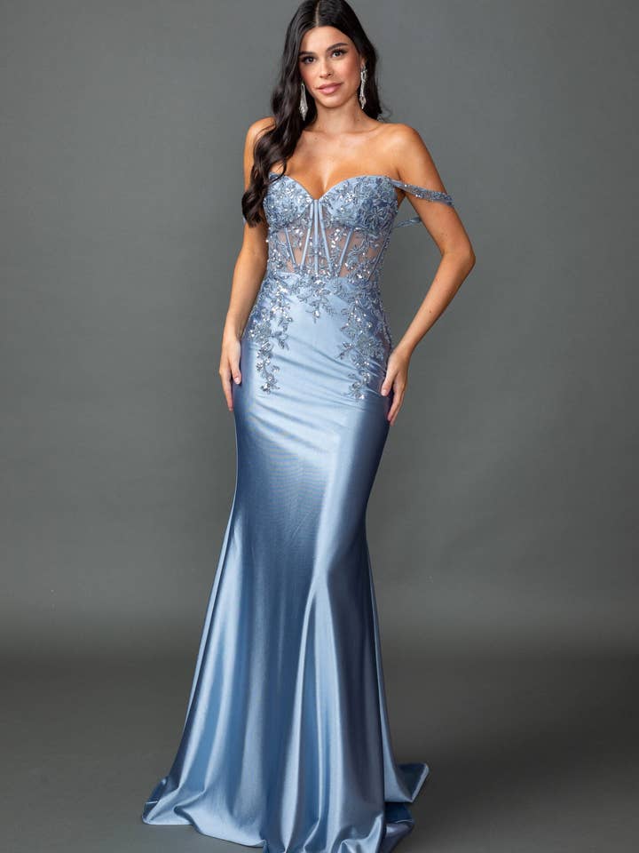 Axelbandslös satinklänning för bal med pärlbroderad korsettliv. för wholesale av Dancing Queen Dress