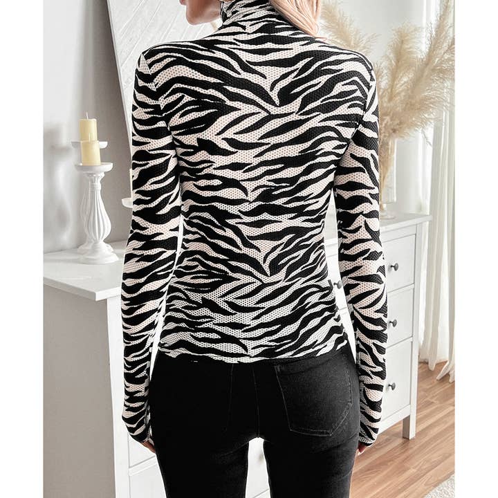 BLACKWHITE STYLISH ZEBRA PRINT MESH HIGH-NECK FITTED TOP_CWTBLL3425 for wholesale on Faire6