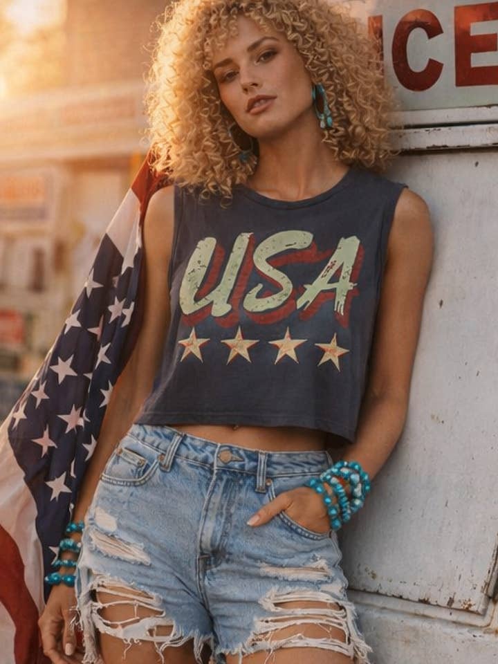 USA Vintage Muscle Crop Top for wholesale by Country Deep Apparel