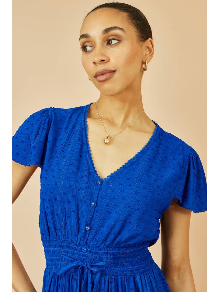 Yumi Blue Button Detail Midi Dress With Ruched Waist And Metallic Thread for wholesale on Faire2