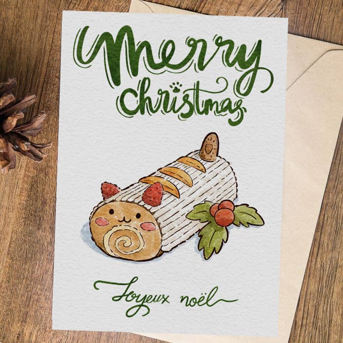 Christmas greeting card - Yule log cat (A6) for wholesale by Chew's Atelier