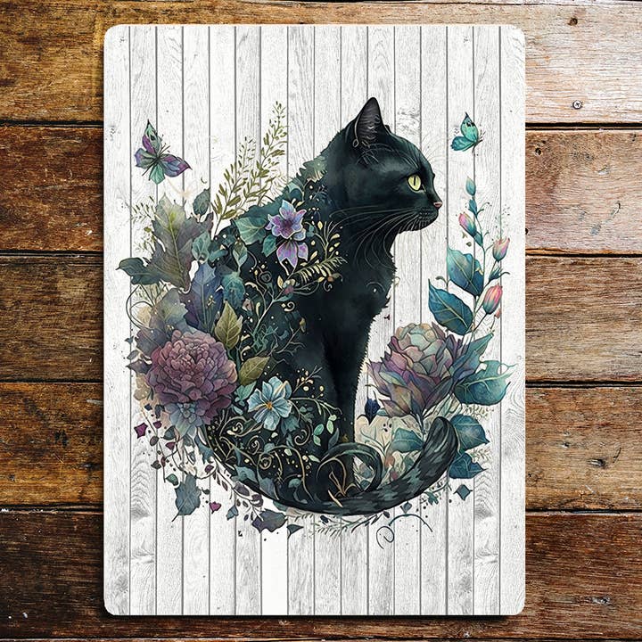 Placa de metal con diseño de mariposas encantadas con gatos negros para venta al por mayor de The British Metal Signs Company