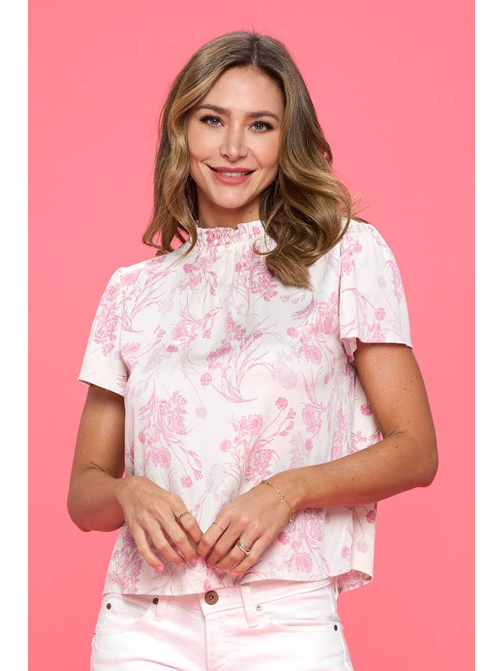 IVORY PINK Made in USA Floral Print Top with Ruffle Neck for wholesale on Faire