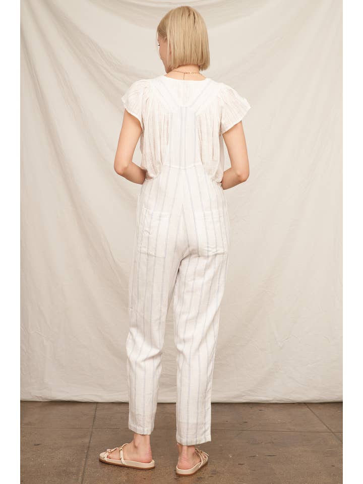 White Blue Cropped Striped Overall Jumpsuit for wholesale on Faire