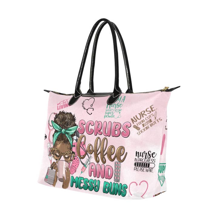Deerora Creations - Vendita all'ingrosso Borsa tote - Donna - Borsa a tema infermiera: design Scrubs, Coffee e Messy Buns