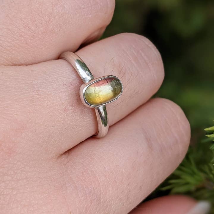 Le Tourbillon Minéral - Vente Solitaire - Bague Tourmaline Melon D'Eau Et Argent Massif T56