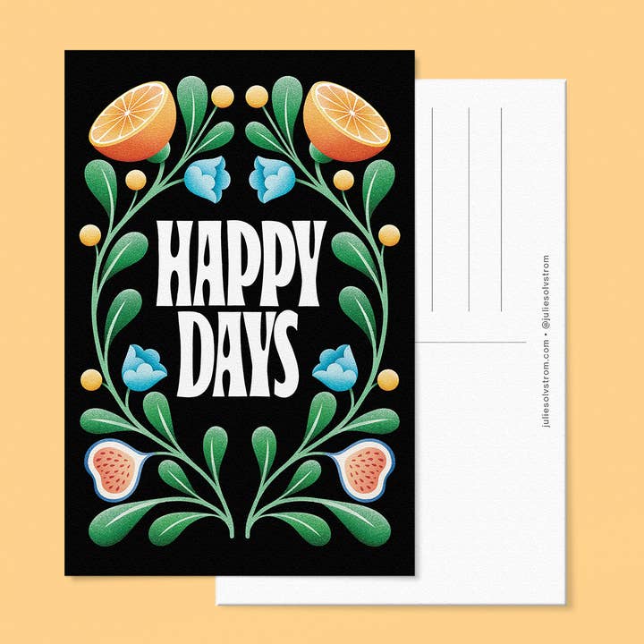 Cartolina di frutta e fiori Happy Days | Cartolina positiva per la vendita all'ingrosso da parte di Julie Solvstrom Illustration
