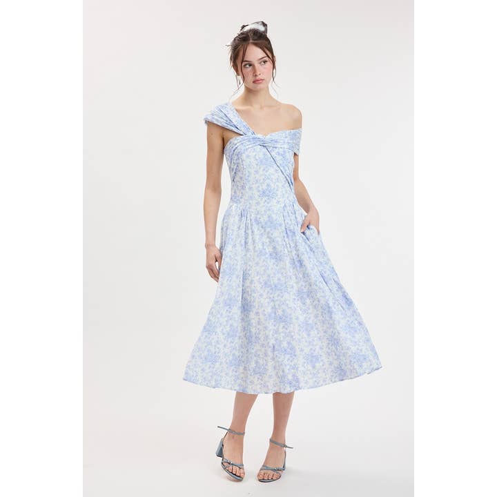 PASTEL FLORAL TWISTED BUST OFF SHOULDER MIDI DRESS for wholesale by Sky to Moon