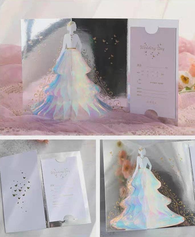 LanLivia - Vendita all'ingrosso Partecipazioni di nozze - Biglietto di nozze 3D - Signora scintillante con design di abito da sposa6