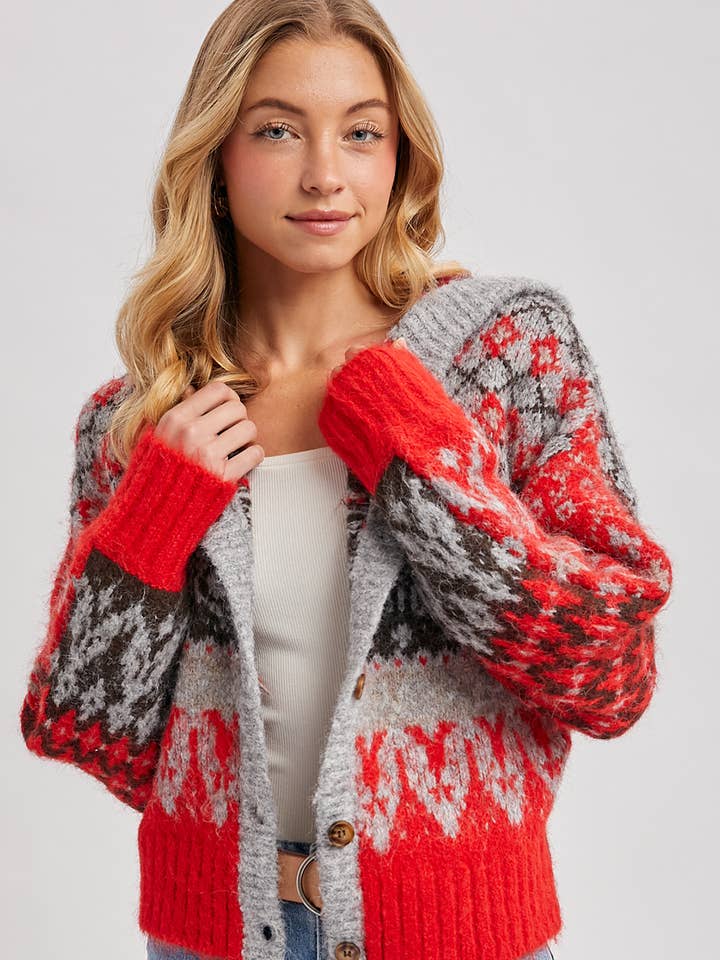 FAIR ISLE BUTTON DOWN KNIT SWEATER CARDIGAN HOODIE for wholesale by Bluivy